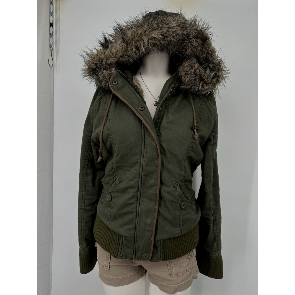 VTG Y2K LOB  Faux Fur Plaid-Lined Heavy Jacket Hoodie Full-Zip “Olive” SZ M Wome